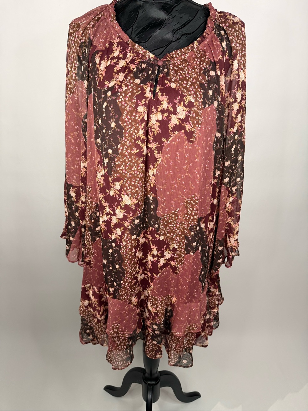 LC Lauren Conrad Mauve and Brown Floral Long-Sleeve Peasant Dress missing belt